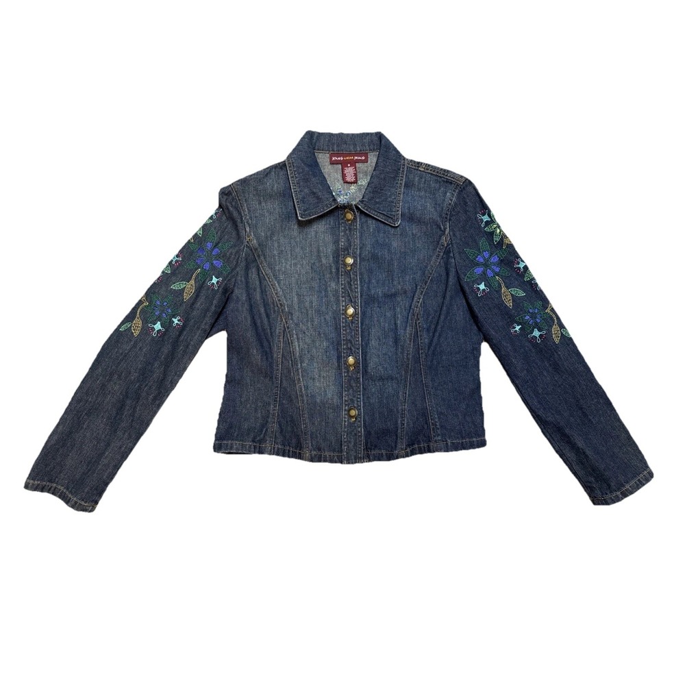 VTG Y2K Boho Hippy Denim Shirt Blue Jean Button Up Flower Power Embroidered‎ 8